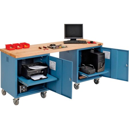 Global Industrial Mobile Pedestal Workbench, 72 x 24in, Maple Butcher Block Square Edge, Blue 318655BL